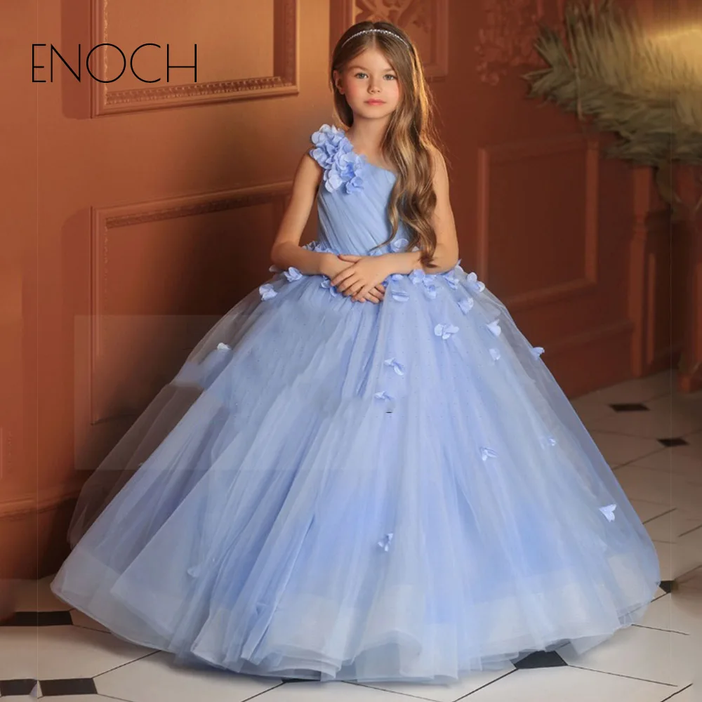 Enoch One Shoulder Organza Flower Girl Dresses Kids 3D Flower Sleeveless Pleat Floor Length Birthday Party Formal Gowns Robes