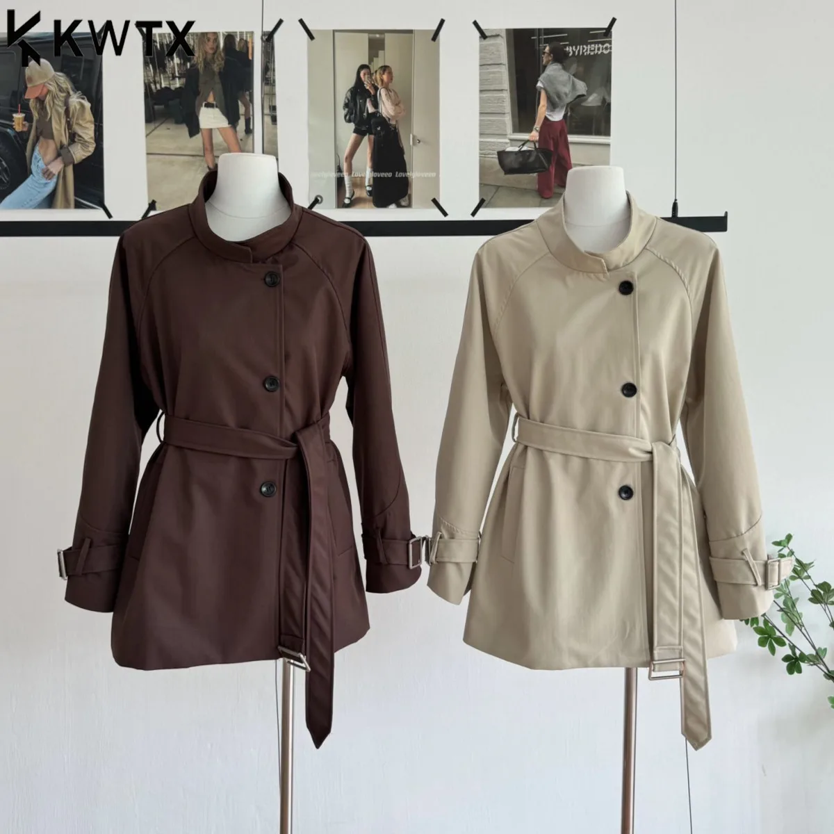 

KWTX 2025 женский плащ с воротником-стойкой, однобортный, с поясом, средней длины, повседневная элегантная винтажная верхняя одежда, качество премиум-класса
