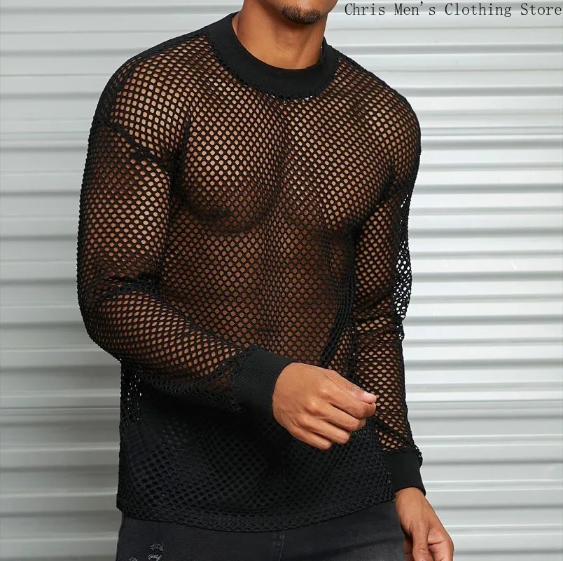 

Сексуальная прозрачная сетчатая мужская футболка, весенне-осенняя мужская футболка с дышащей сеткой и длинными рукавами, одежда для бара, клуба, вечеринки и выступлений