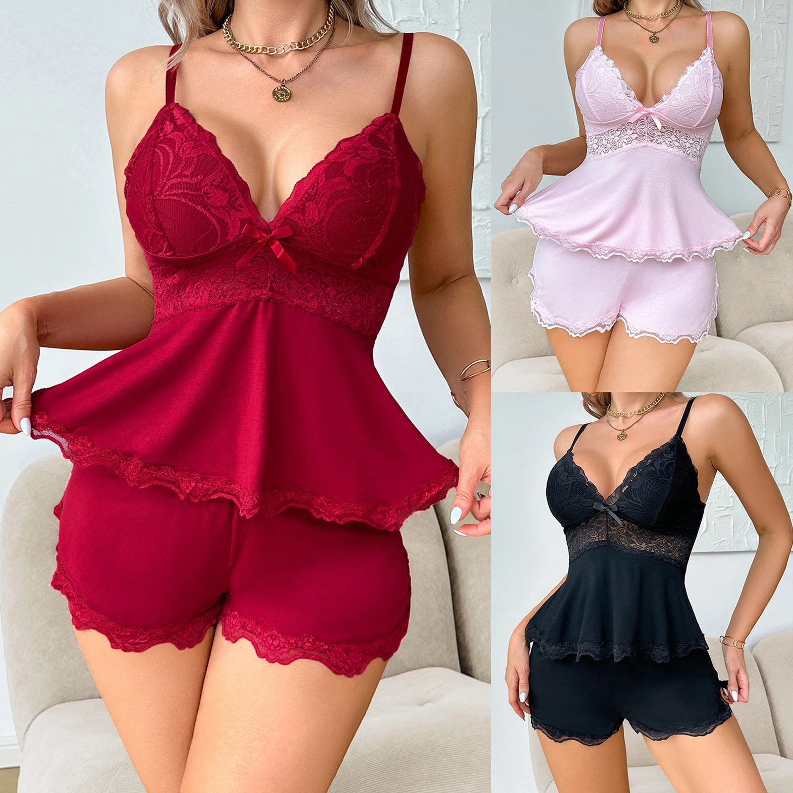 

CHRONSTYLE Women's Erotic Naughty Lingerie Sets Sleeveless V Neck Lace Trim Cami Tops and Skinny Shorts