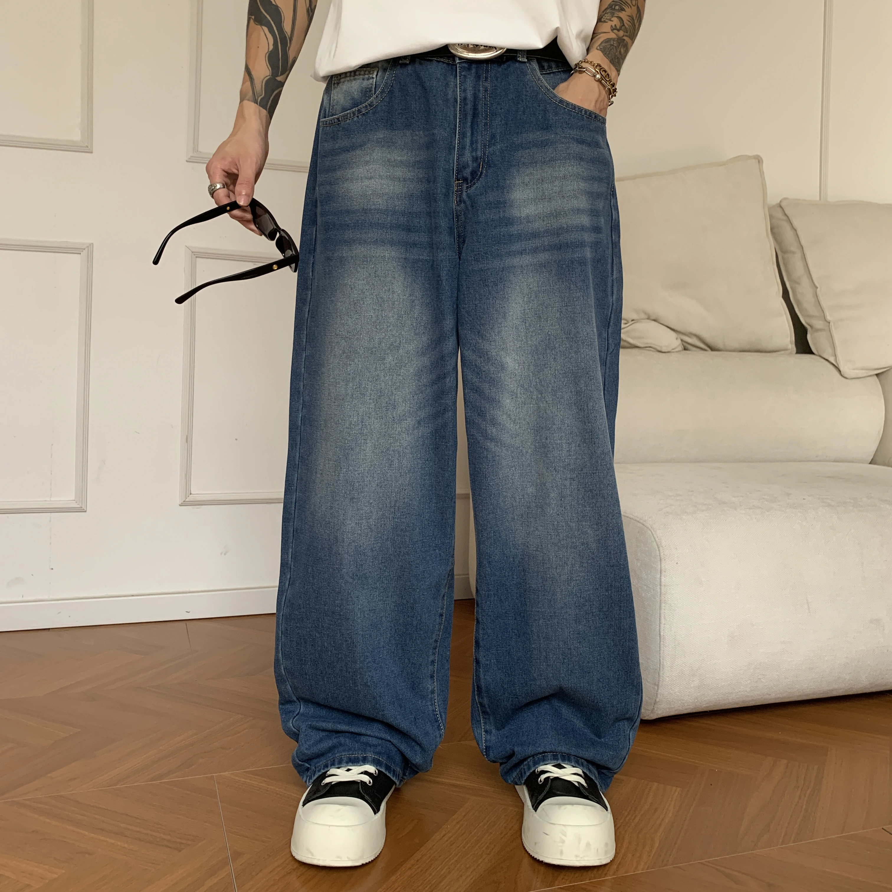 

Summer Men's Denim Pants Old Blue Washed Male Baggy Jeans Four Seasons Straight Casual Menwear Loose Wide Leg Trousers Fashion