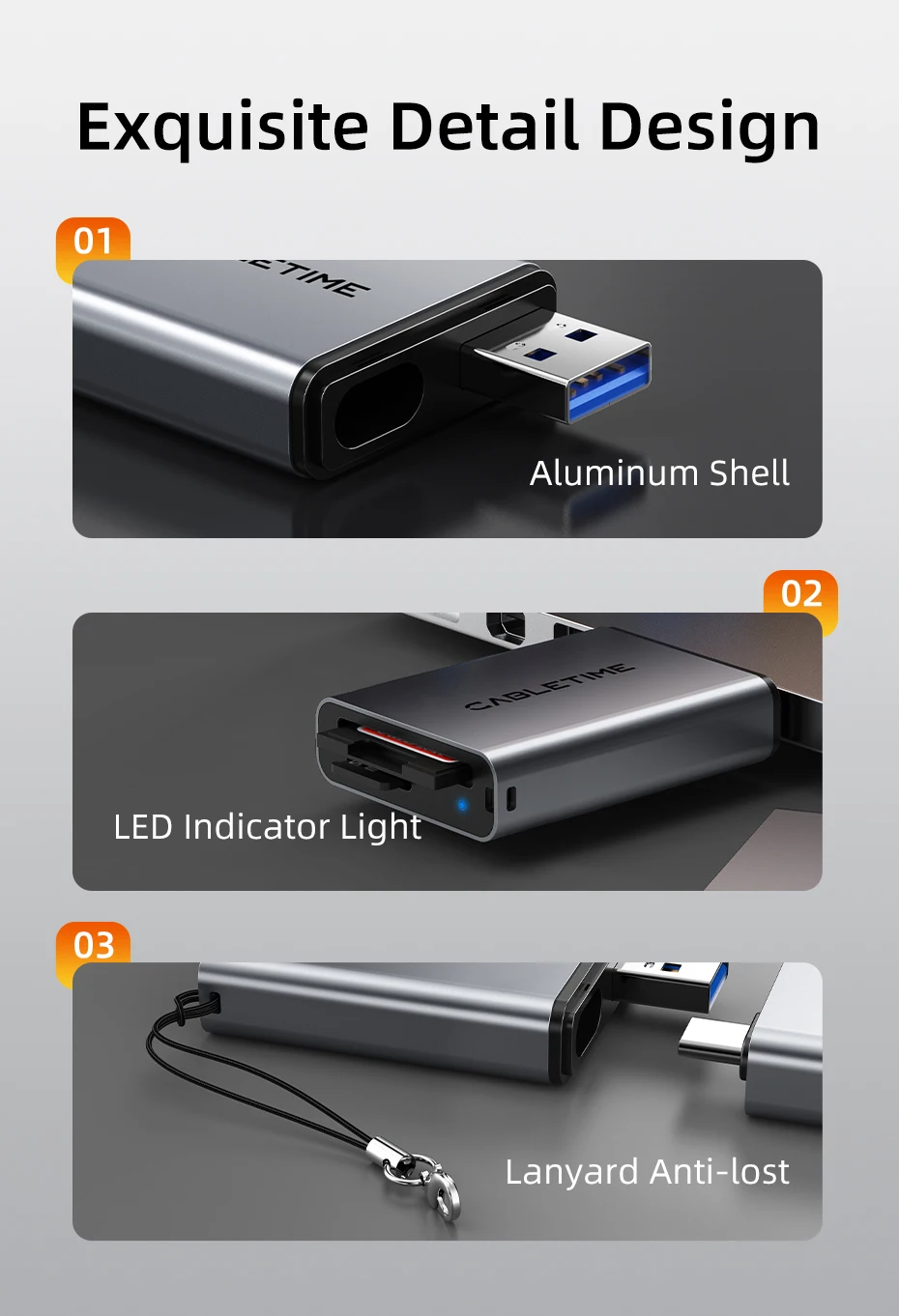 CABLETIME SD4.0 Kartenleser 3 IN 1 312 MB/s 5 Gbit/s USB A & USB C auf SD/TF Speicherkartenadapter für Laptop, Telefon, MacBook – Detail 12