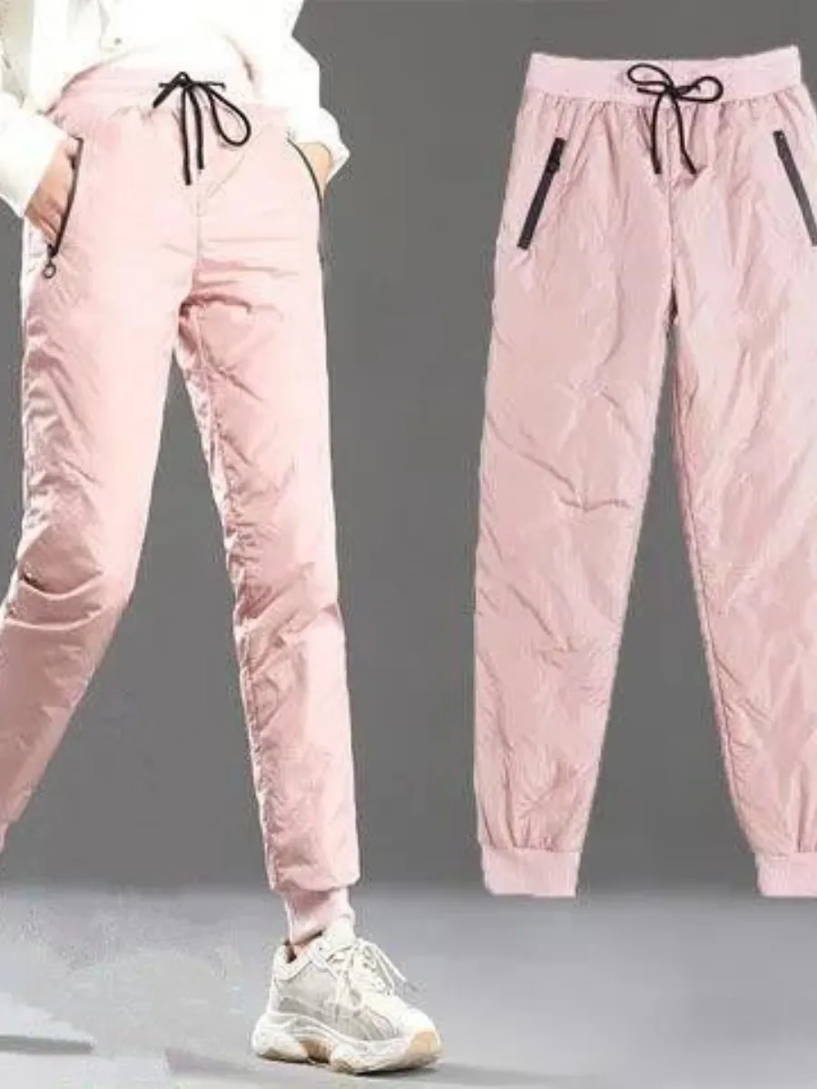 women's-winter-high-waist-thickened-down-cotton-pants-casual-slimming-outerwear-fashionable-trousers-with-neck-pin