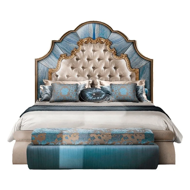 European solid wood carving flower shell parquet double bed, French master bedroom wedding bed princess villa bed