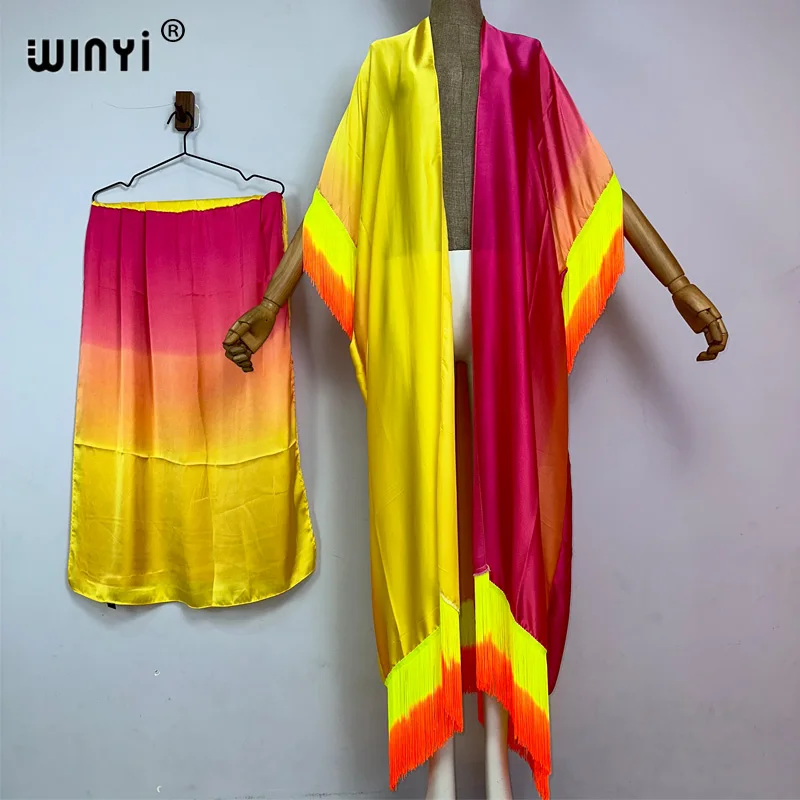 WINYI-Cache-maillot kimono boho, imprimé à franges graduelles, cardigan élégant, sexy, glands, robe maxi, vacances, été