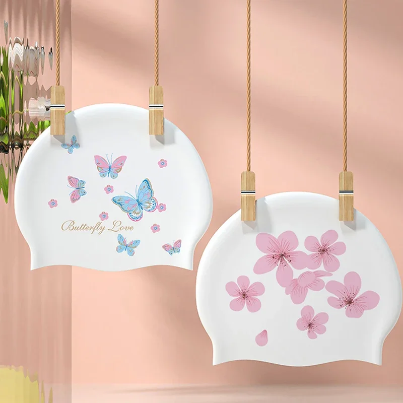 

1Pcs Fashionable new adult unisex silicone swimming cap in one size fits all with cherry blossom and butterfly prints waterproof