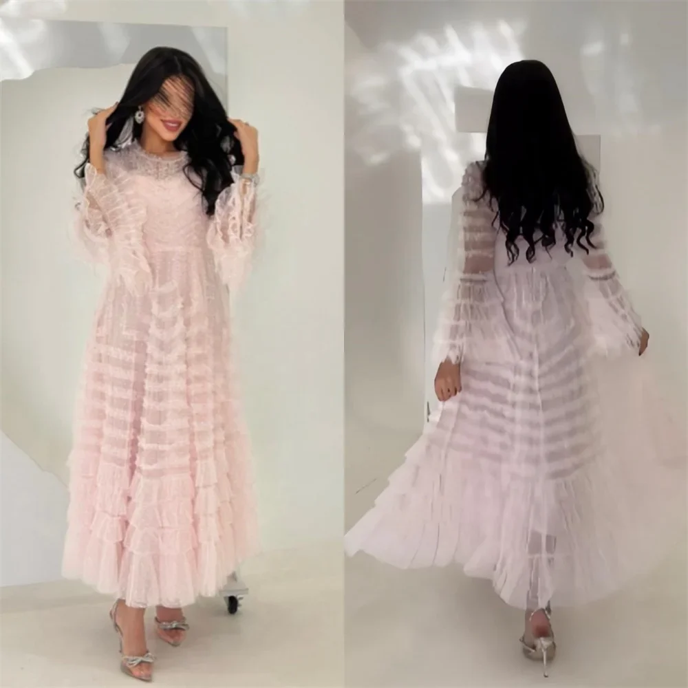 Customized Prom Gown Evening Dearin Jewel A-line Ankle Length Skirts Fold Tulle Bespoke Occasion Dresses Formal Dress Saudi Arab