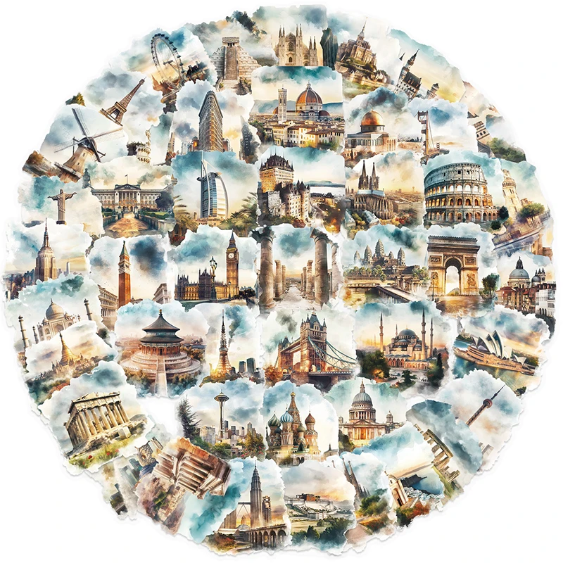 50PCS Cityscape Travel Stickers Aesthetic Decals Building Landmarks Cultural Symbols Waterproof Vinyl for Journals Laptops