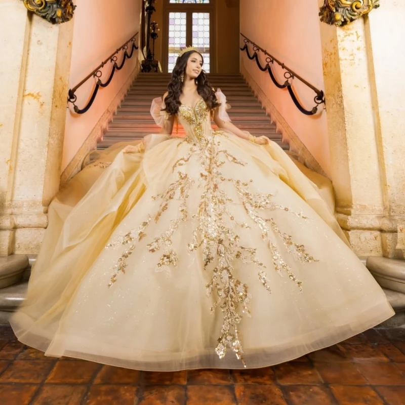 

Champagne Shiny Quinceanera Dresses Off The Shoulder Sequin Applique Lace Beading Crystal Bow Tull Corset Party Birthday Sweet