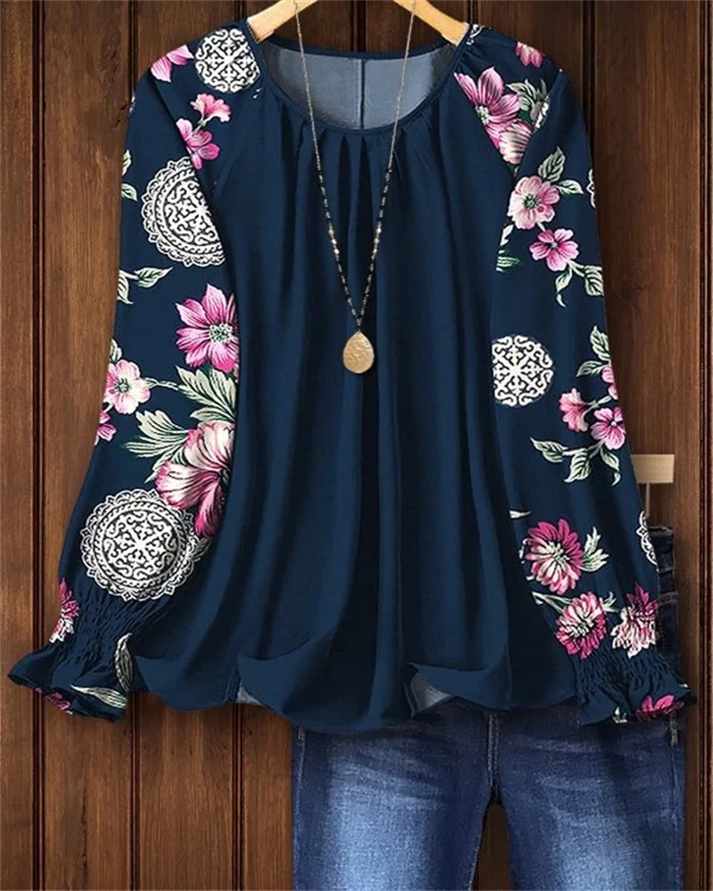 Ladies' casual round neck pullover top with 3D printed floral pattern, simple, elegant and fashionable women's clothing hoodie