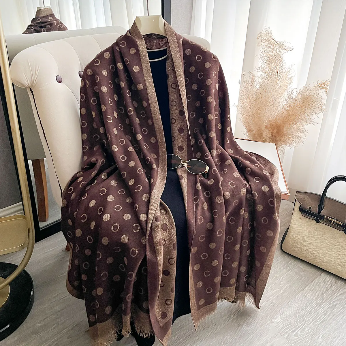 春と秋の新作女性エレガンスプリントショールブランドデザイナー女性金糸ロングスカーフイスラム教徒ラップスカーフパシュミナ