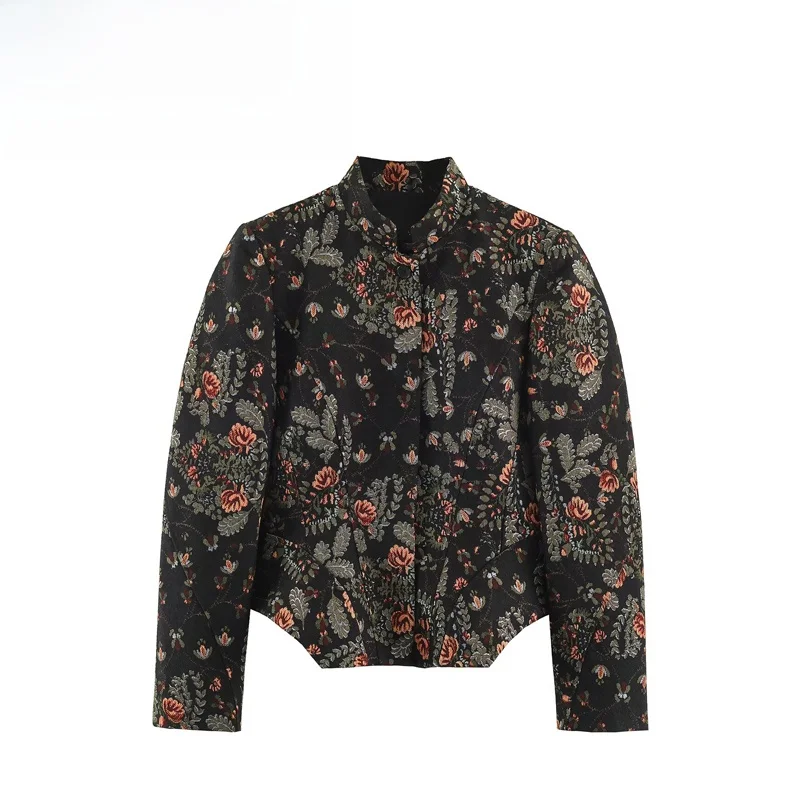 Fashionable Nine-Point Short Skirt Coat Women's Straight Leg Long Sleeve High Collar Polyester Fiber Plant Floral Pattern