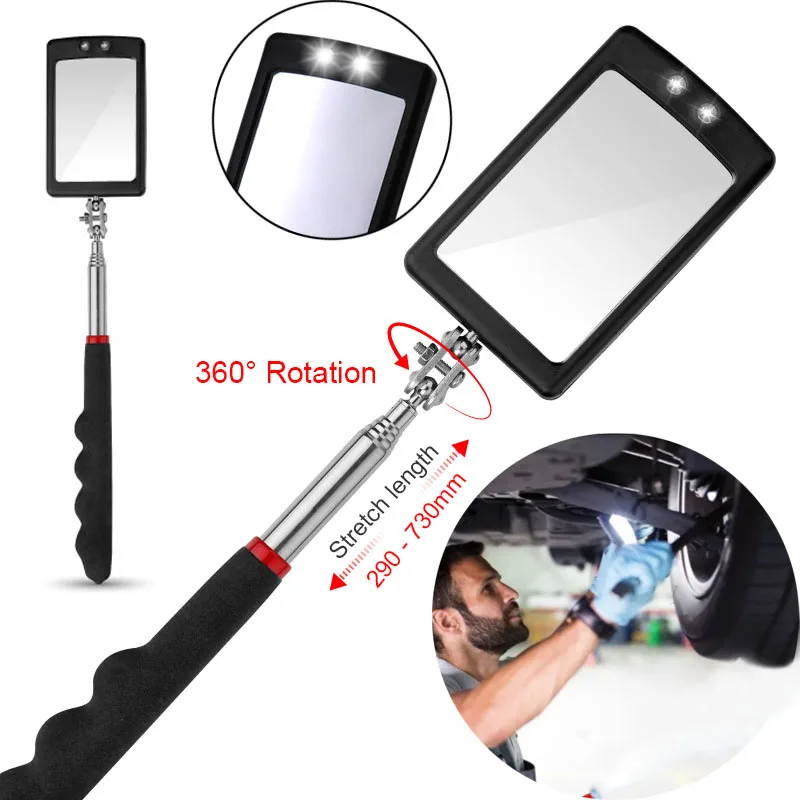 Inspection Mirror with Led Lighting 360° Telescopic Detection Lens Square Retractable Car Engine Chassis Mechanic Repairing Tool