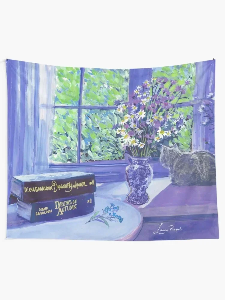 Window cat books blues forget me nots painting by Laura Rispoli daisies flowers Tapestry Home Decorations Room Decor Tapestry