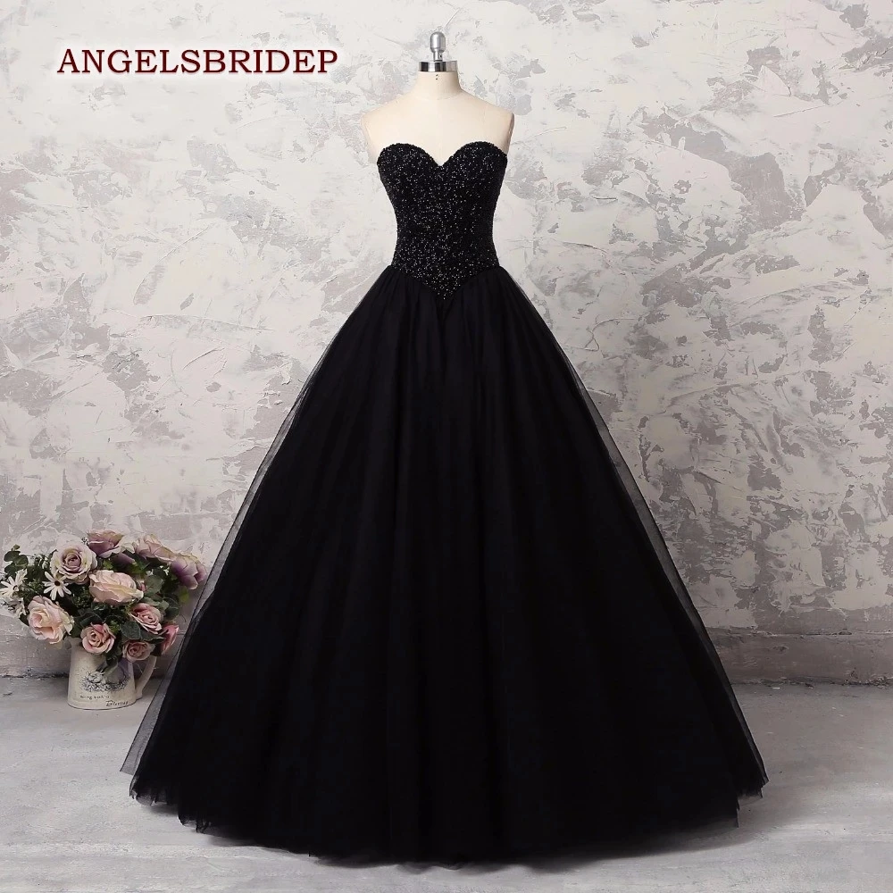 

ANGELSBRIDEP Puffy Black Quinceanera Dresses Sweet 16 Dress Sweetheart Tulle Long Elegant Masquerade Birthday Party Gowns Cheap