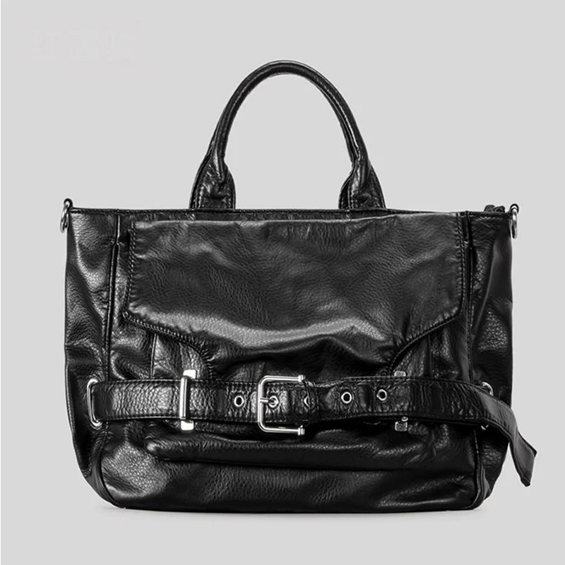 

Корейская сумка через плечо с пряжкой на ремне, однотонная большая сумка из мягкой кожи, большая вместительная сумка в мотоциклетном байкерском стиле в стиле ретро