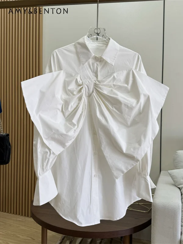 

Elegant Heavy Industry Three-Dimensional Big Bow Cotton Long-Sleeved Shirt 2024 Autumn New Commute Style Versatile White Shirts