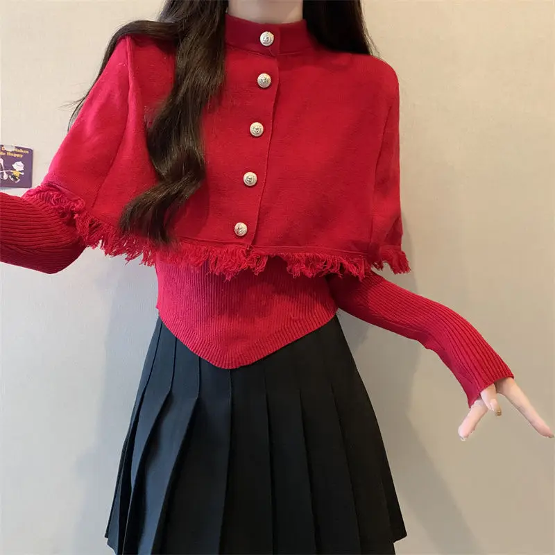 Irregular Knitted Two-piece Set Autumn Winter New Solid Slim Korean Tassel Patchwork Sweater Fashion Vintage Trend Women Clothes