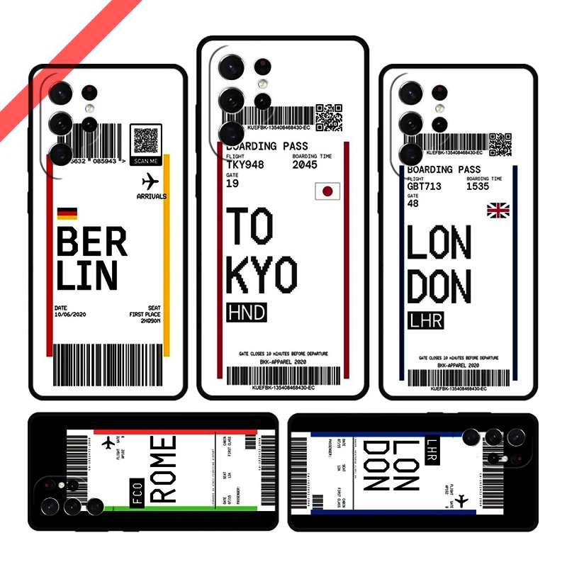 Air ticket USA London Paris Tokyo Travel Phone Case For Samsung S20 FE S21 S10 S23 Plus S24 S22 Ultra Note20 Note10 S9 S8 Cover