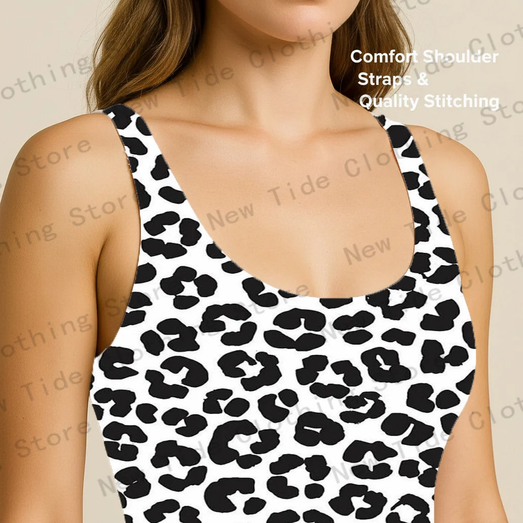Einteiliger Badeanzug für Damen, schwarz, weiß, Leopardenmuster, ärmellos, schmal geschnitten, Badeanzug für Strand, Sommerurlaub, Pool-Outfit