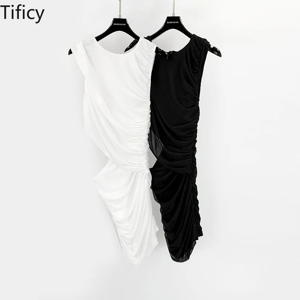 

TIFICY High Street Women's Female French Elegant Temperament Sleeveless One-piece Mid Length Pleated Hip Hugging Slimming Dress