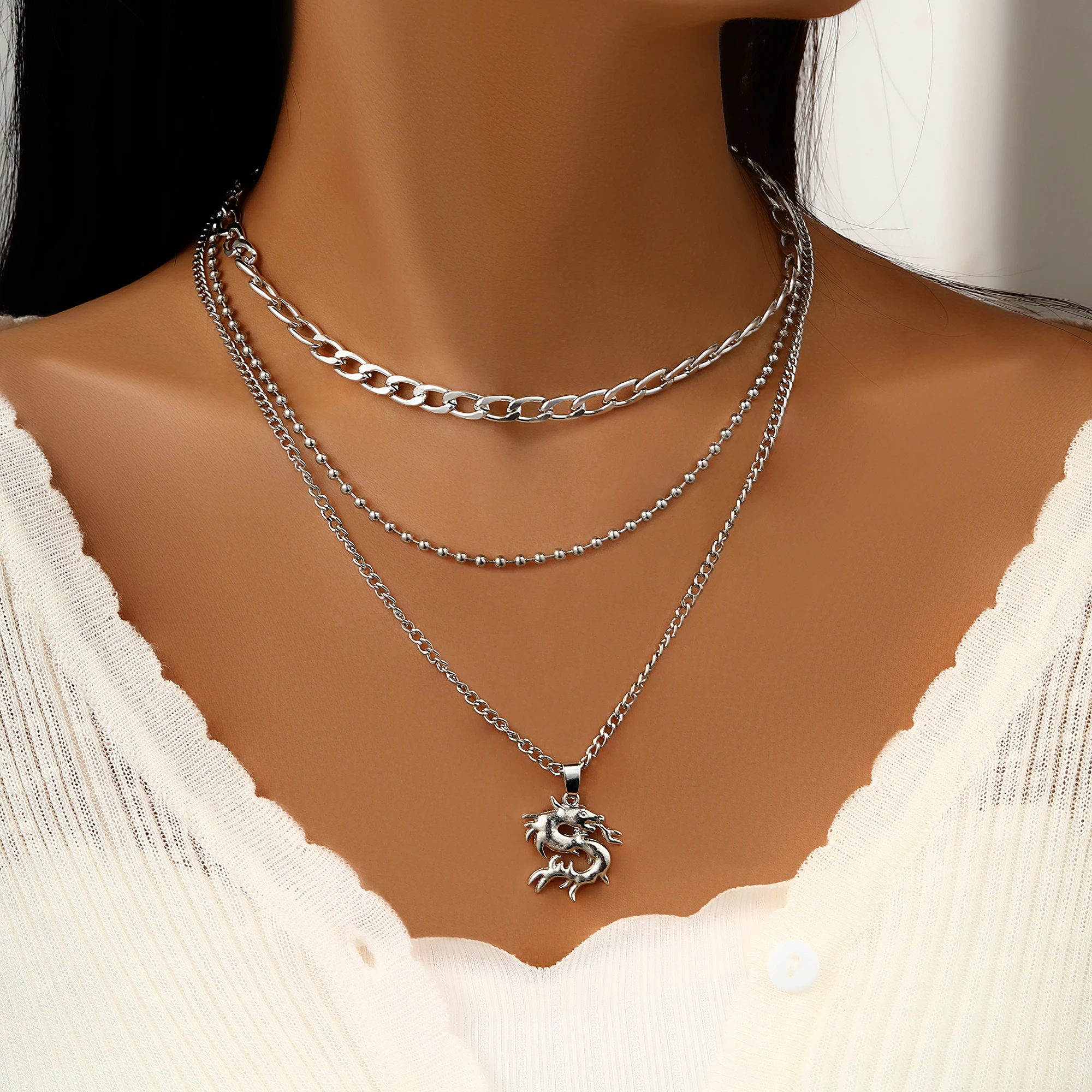 

New Dragon Pendant Necklace Female Creative Personalized Punk Style Thick Chain Multi Layered Collar Chain Wholesale