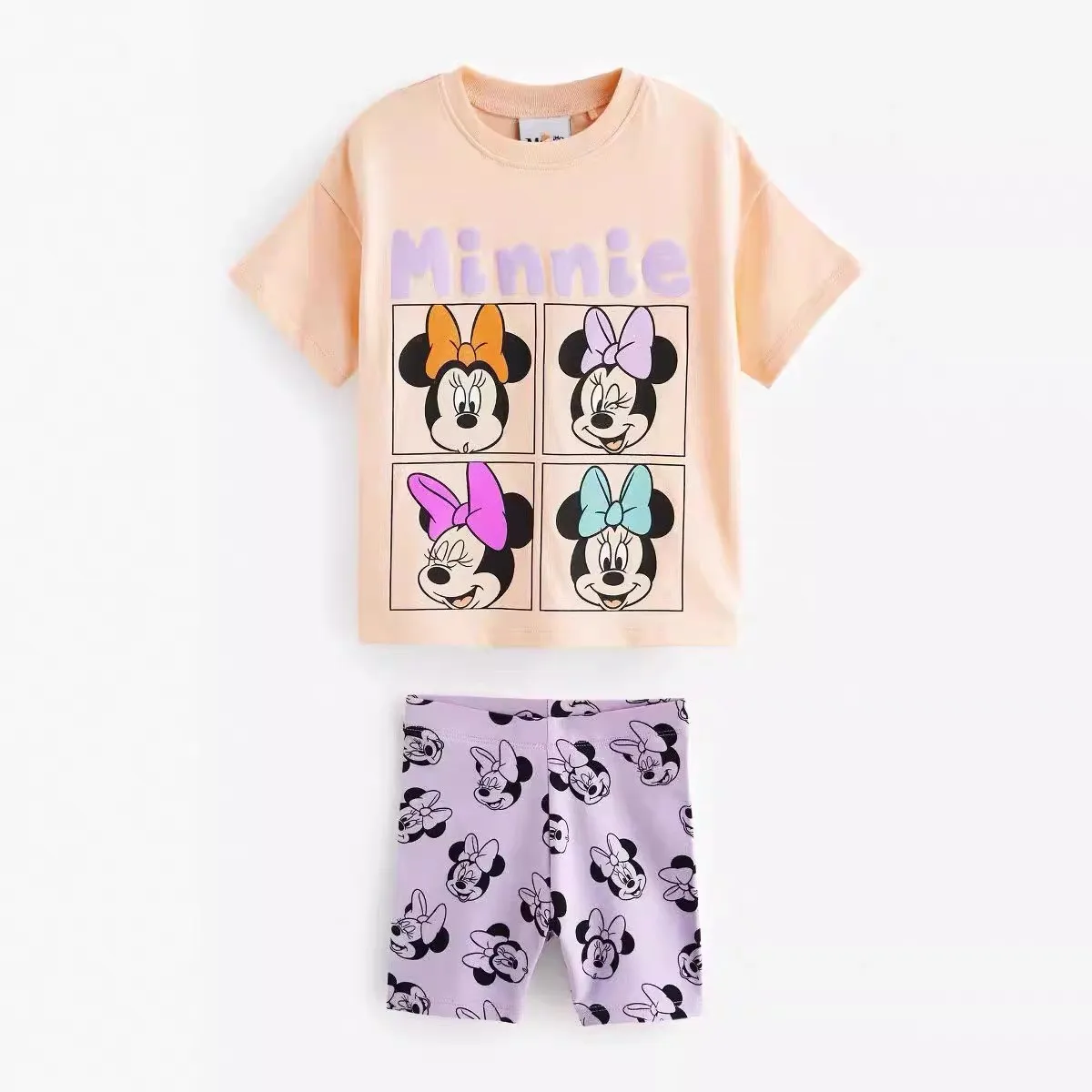 Pink Tshirt+Shorts Summer Disney Short Sleeve Shorts Tracksuits For Baby Girls Cute Round Neck Tees Print Shorts 2 Piece Set