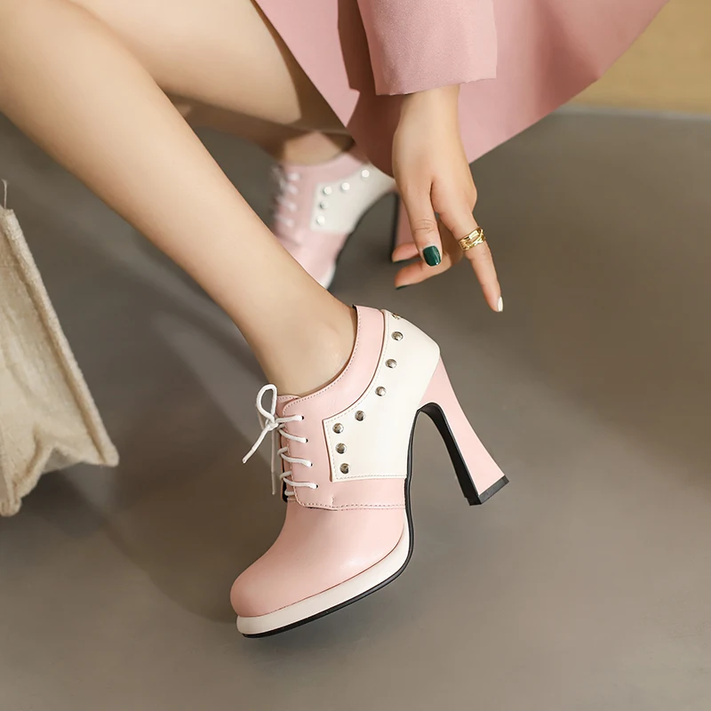 

2022 women pumps plus size 22-26.5cm Colorblock Metal Rivets candy color chunky high heel shoes heels for women platform heels