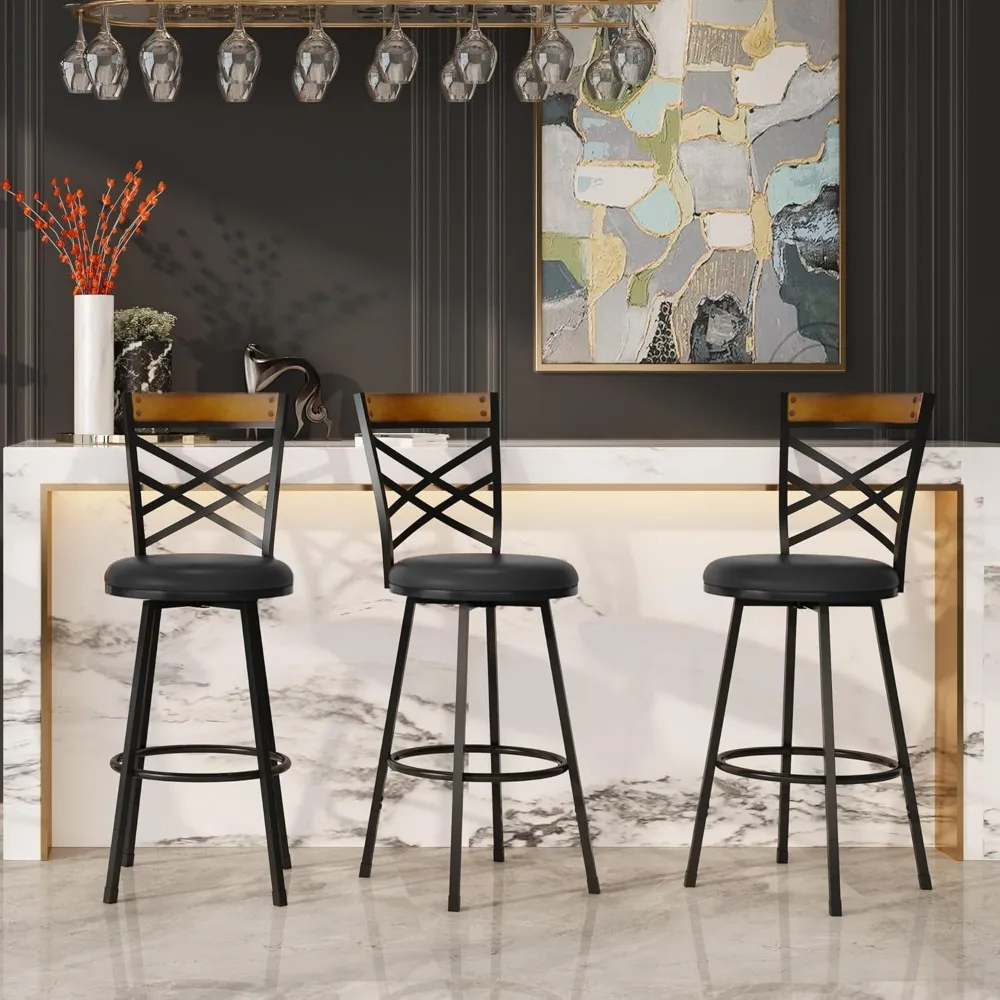 

Black Bar Stools Set of 2 - Rustic Wood & Metal Swivel Barstools with Curved Backrest, 360° Rotation, Adjustable Height Chair