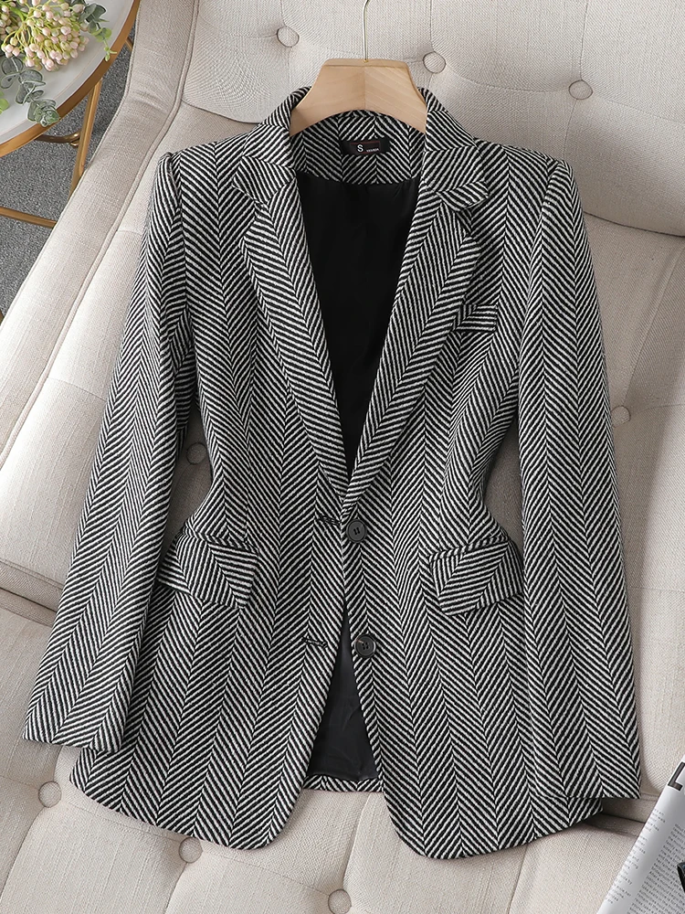 Blazer droit à boutonnage simple pour femme, manches longues, rayures grises café, veste d\'affaires formelle, manteau de bureau