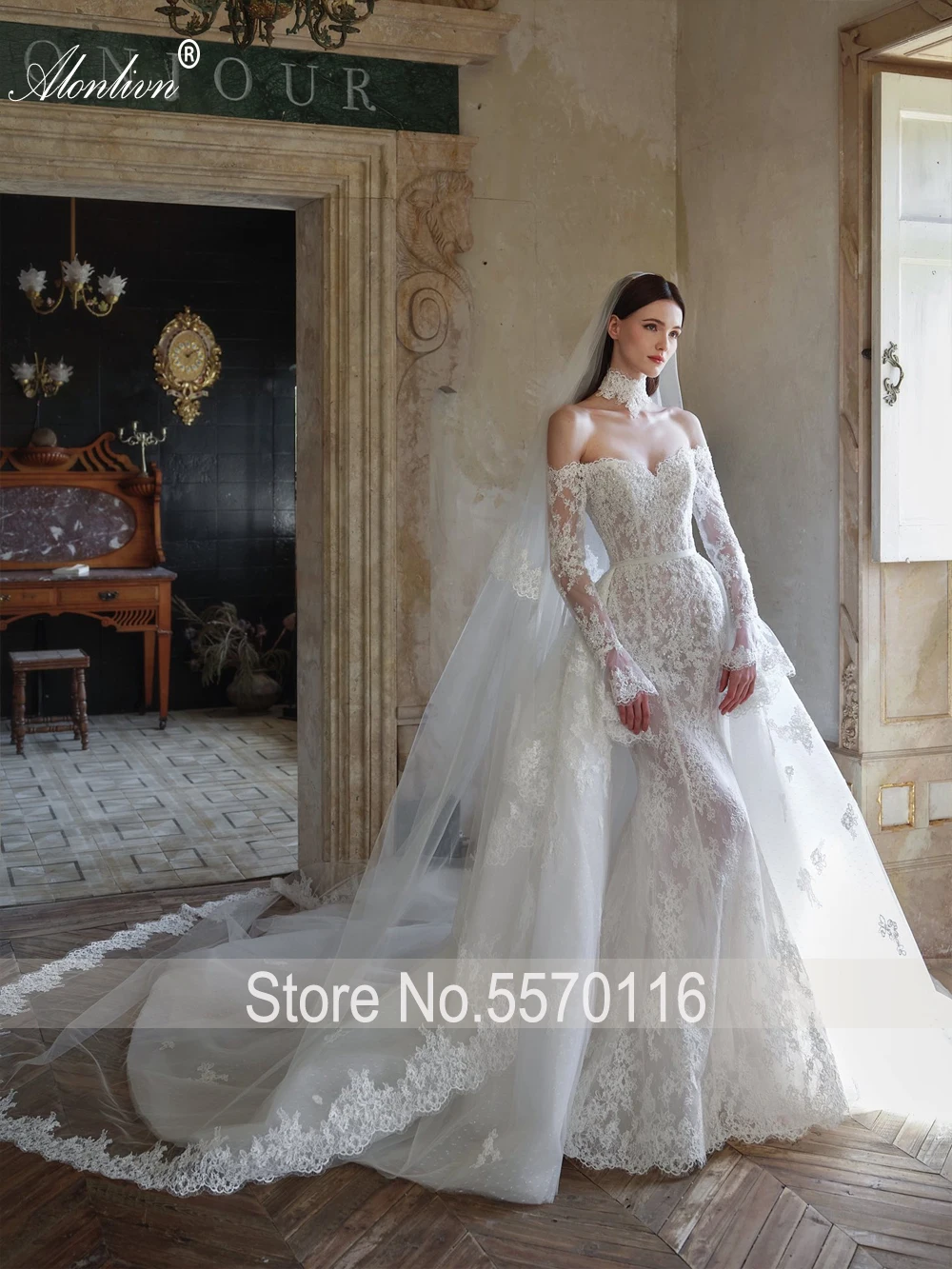 فساتين زفاف Alonlivn مصنوعة حسب الطلب من الدانتيل الساحر حورية البحر عاري الكتفين وأكمام طويلة ذيل قابل للإزالة 2 في 1 فساتين العروس