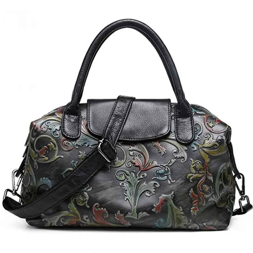 Motingsome High Quality Calfskin Casual Tote for Women Retro Flower Pattern Shoulder Handbag Vintage Ladies Genuine Leather Bag