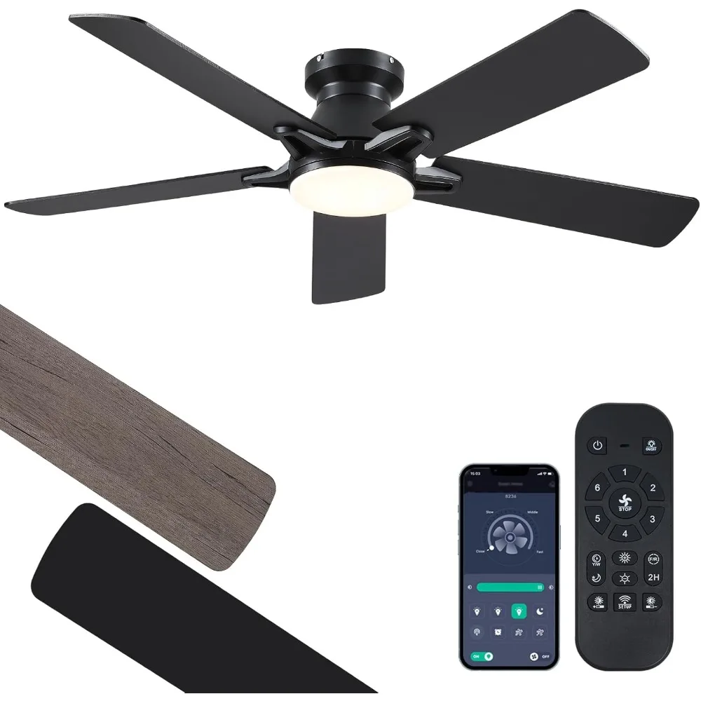 

52 Inch Black Flush Mount Ceiling Fan with Dimmable LED Light, Remote/APP Control, Reversible DC Motor