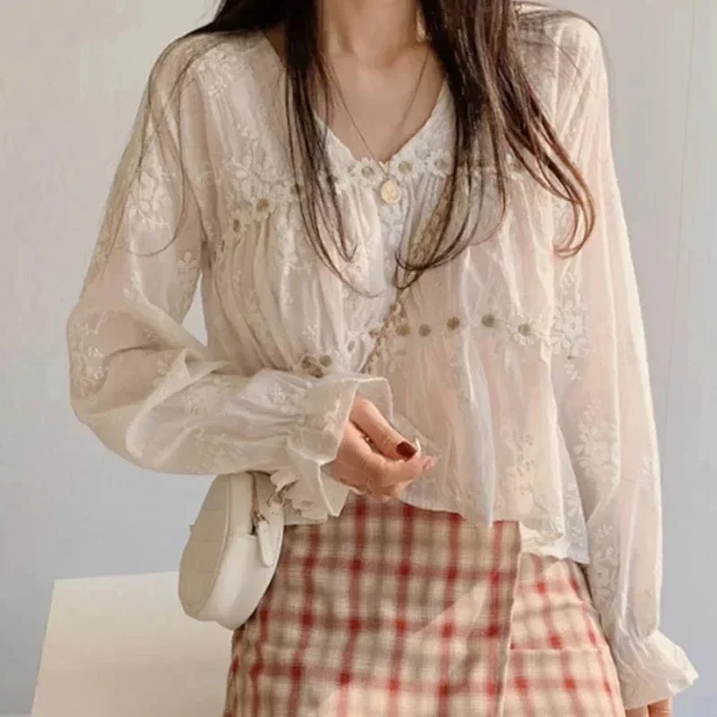 Embroidery Flare Sleeve Women Blouse V-neck Hollow Out Shirt New Fashion Spring Sweet Tops Elegant Casual Clothing