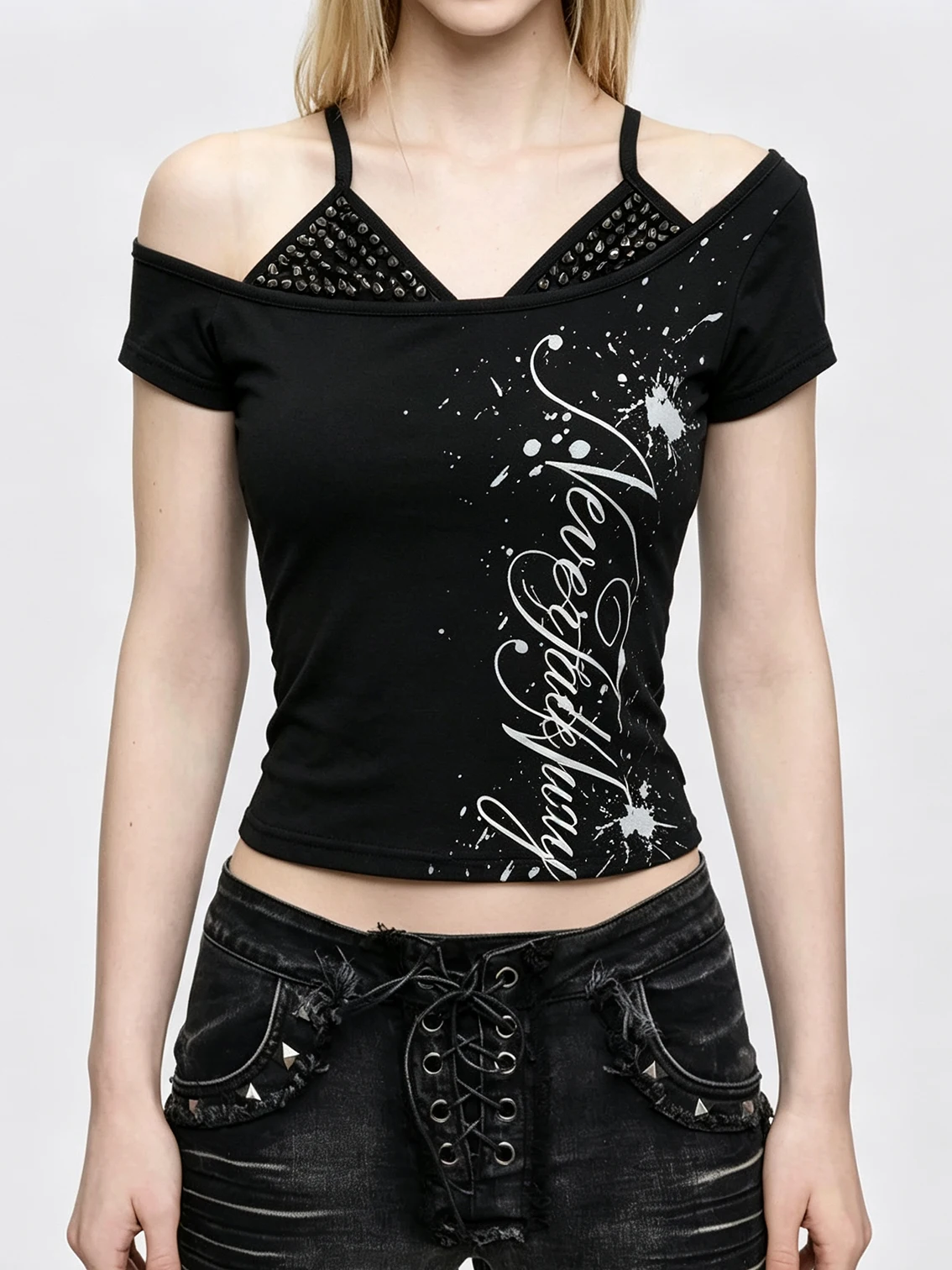 Women Gothic Punk Off Shoulder T Shirt Studded Halter Short Sleeve Tee Trendy Splash Ink Letter Print Slim Summer Dark Style Top