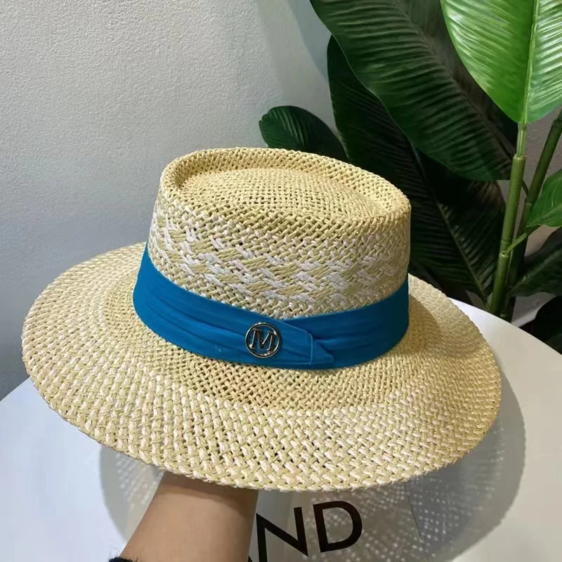 Summer Women\'s Straw Hat Ladies Luxury Sun Hat Fashion Sun Protection Beach Hat French Panama Hat Bump Top Wide Brim Raff Cap