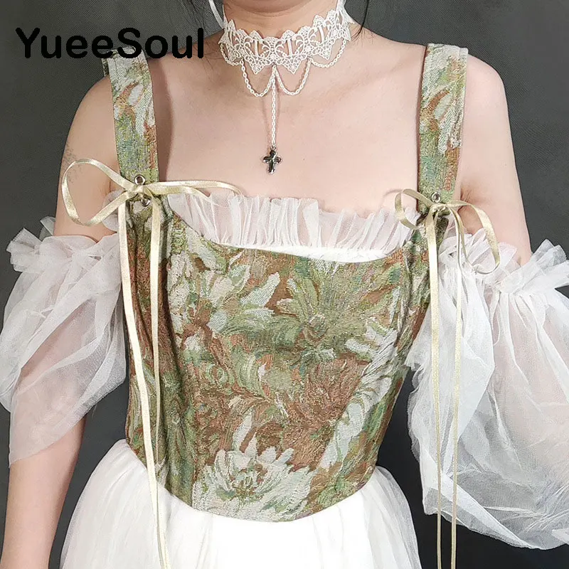 2023 Vintage Women Corset Printed Sleeveless Bandage Hollow Out Slim Crop Tops Fashion Cute Y2K Sexy Female Bustier Camisole