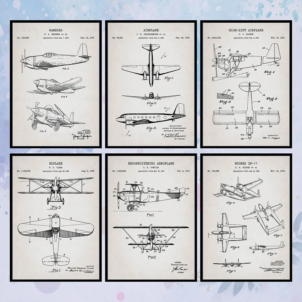طائرة براءة اختراع طباعة ملصق خمر سلاح الجو طائرة مقاتلة مخطط الطيار هدية حائط لوح رسم الفن صور ديكور المنزل