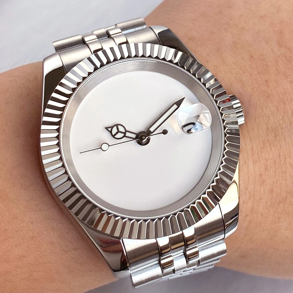 

36mm/39mm White Sterile Dial Plain Fluted Bezel Polished 100M Waterproof NH35 Automatic Men Lady Watch 316L Bracelet Sapphire
