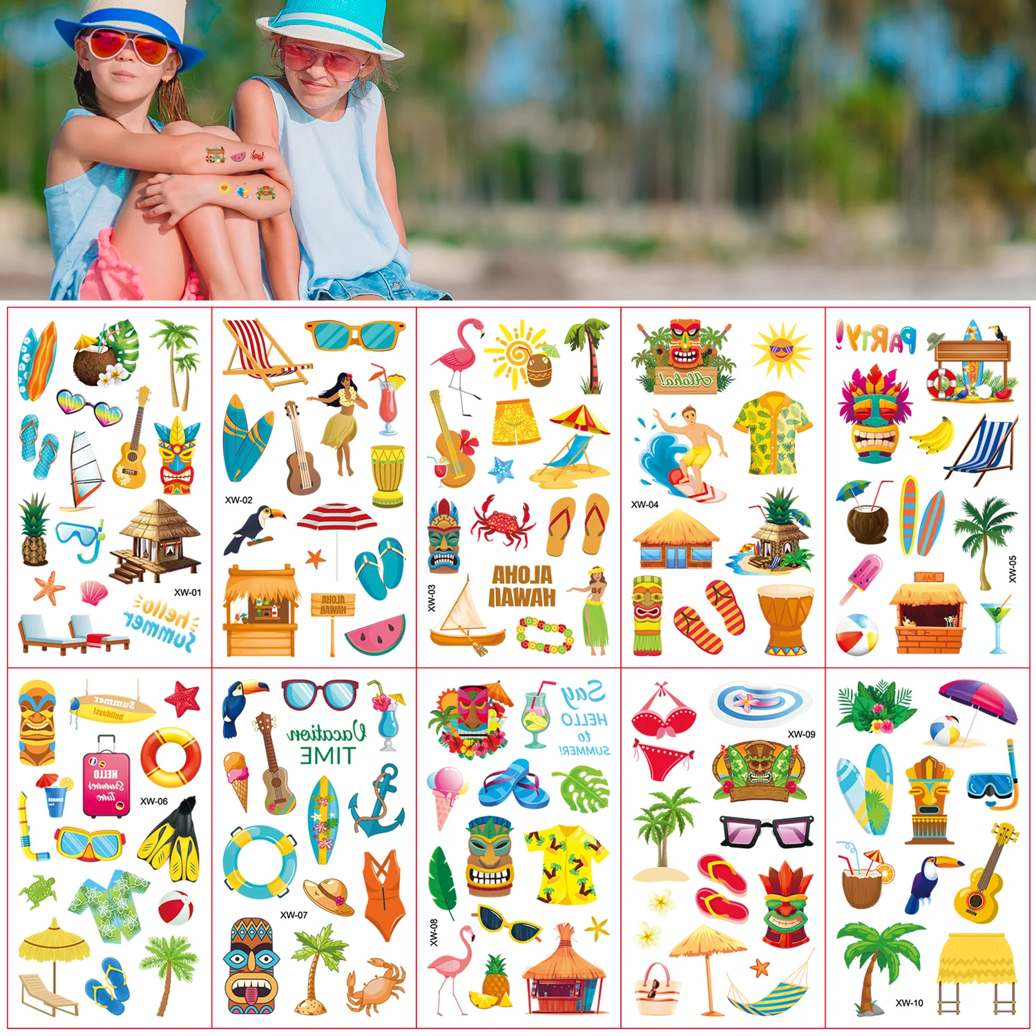 Autocollants de tatouage temporaire imperméables, plage tropicale d'Hawaii, été, profitabilité tropicale, piscine ha, mariage, décor de fête d'anniversaire, 10 feuilles