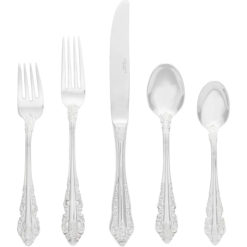 Antique Baroque 65-Piece 18/10 Stainless Steel Flatware Set, Service for 12, Silver US(Origin)  US(Origin)