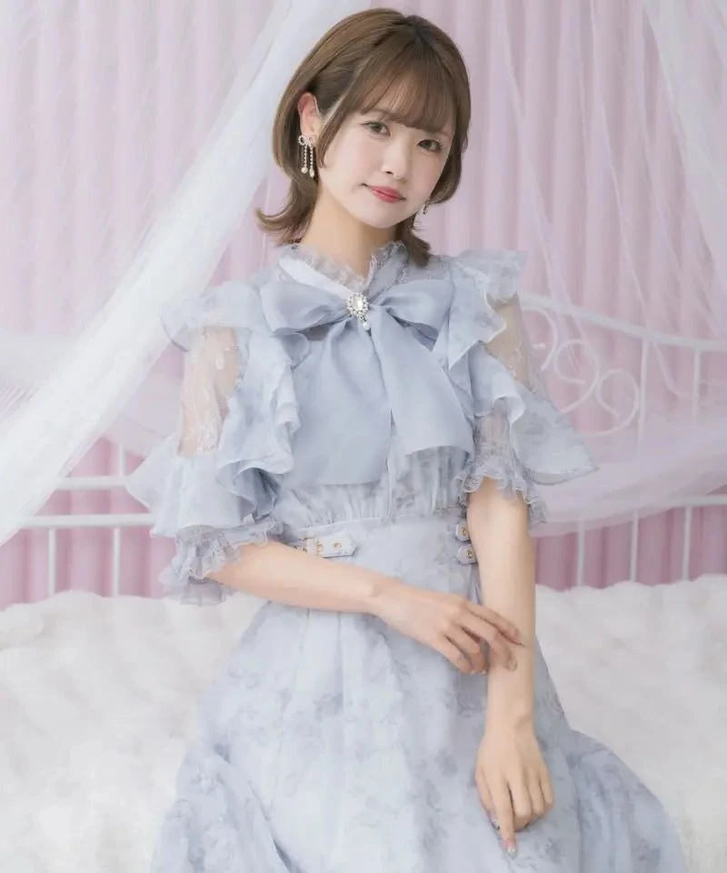 Estilo japonês véu capa dupla camada de renda lolita vestido de cintura alta verão lolita elegante arco fora do ombro vestidos longos