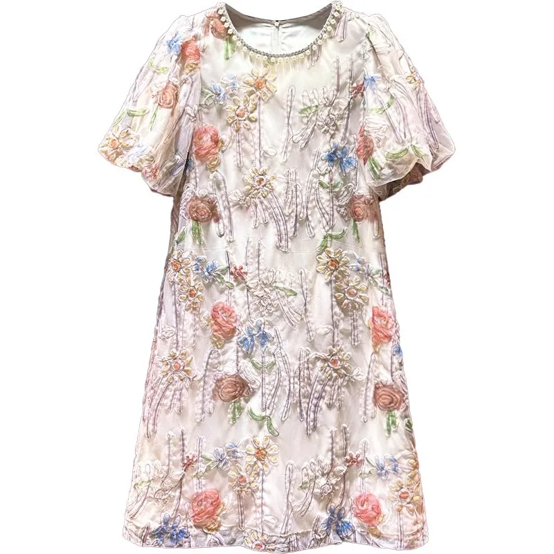 

Evagina Spring Summe Flower Print Puff Sleeve Mesh dress Beading Embroidery Holiday Fashion Women's Mini Dresses