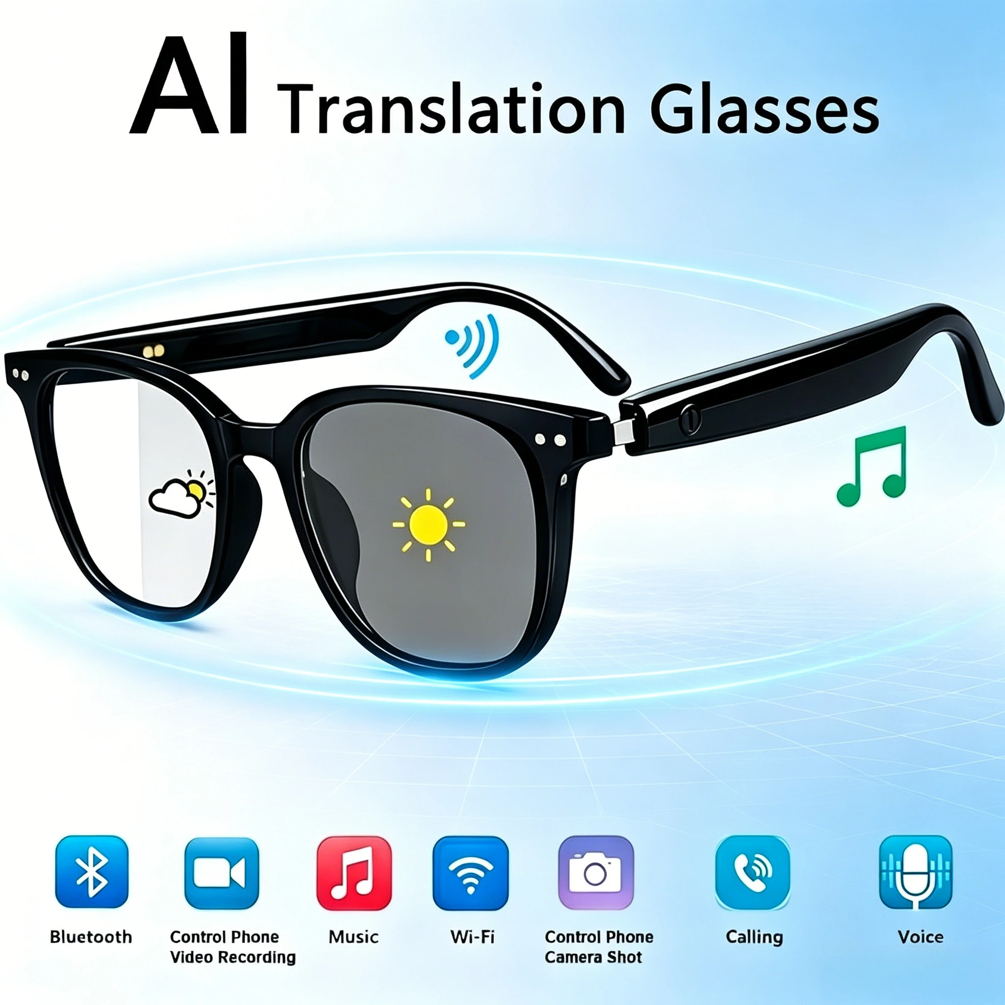 AI-powered translation glasses—ultra-lightweight and portable, supporting 164 languages, with color-changing lenses and an open-ear design that lets you listen to music and take calls—perfect for indoor and outdoor activities.