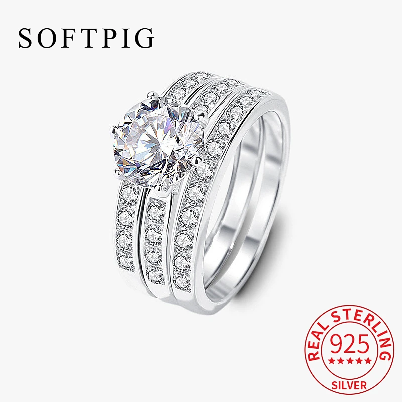 

SOFTPIG Real 925 Sterling Silver 2Ct Moissanite Set Ring for Women Wedding Light Luxury Fine Jewelry Minimalist Accessories