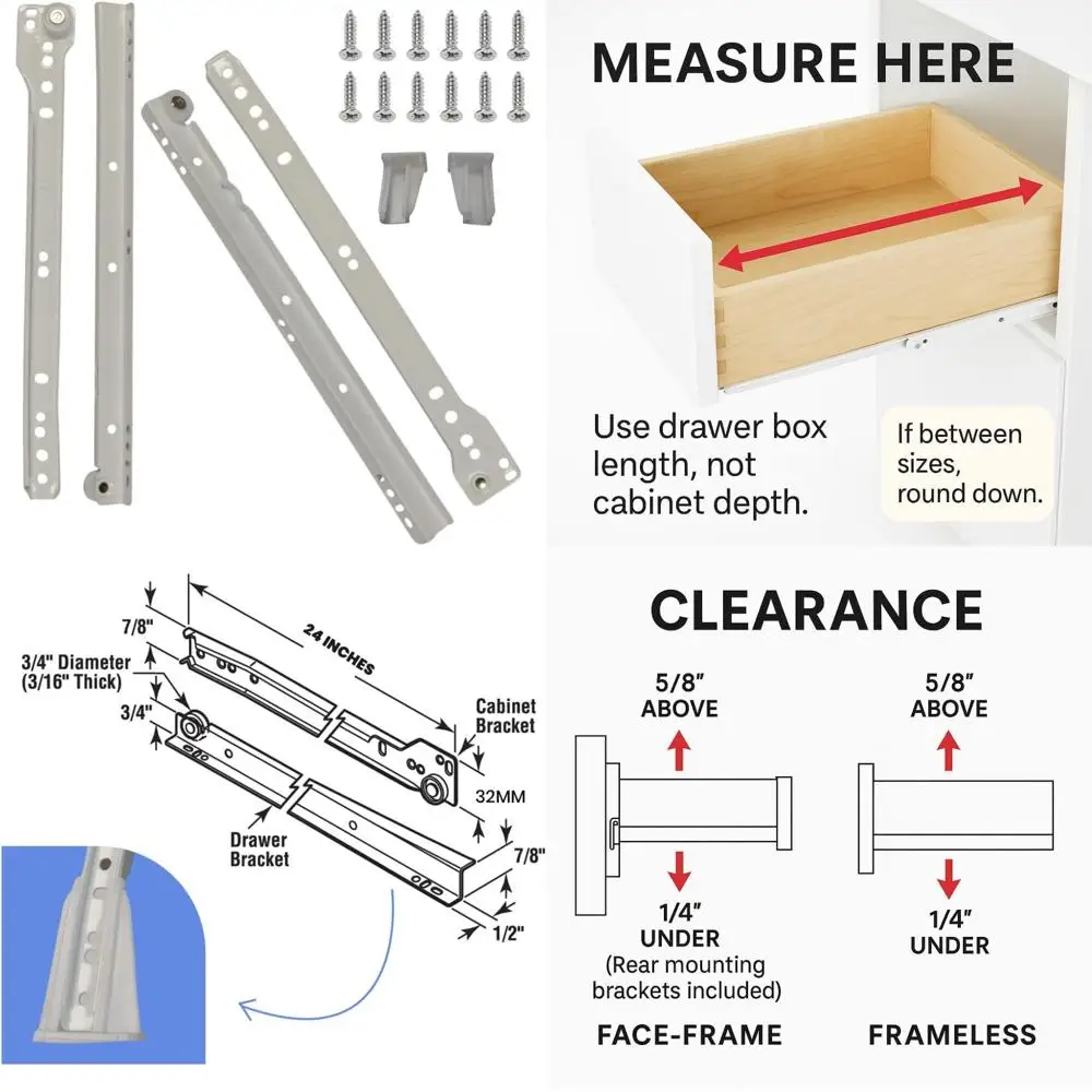 

Face-Frame and Frameless Cabinet Slides - 24 Inch Euro Style, 10 Pack, 75lbs Capacity, Cold Rolled Steel, Powder Coated