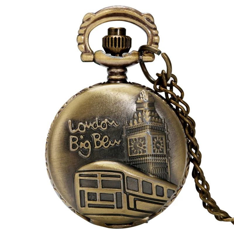 Vintage London City Landscape Big Ben Pocket Watch Bronze Tower Quartz Clock with Necklace Chain Tourist Collectible Souvenir