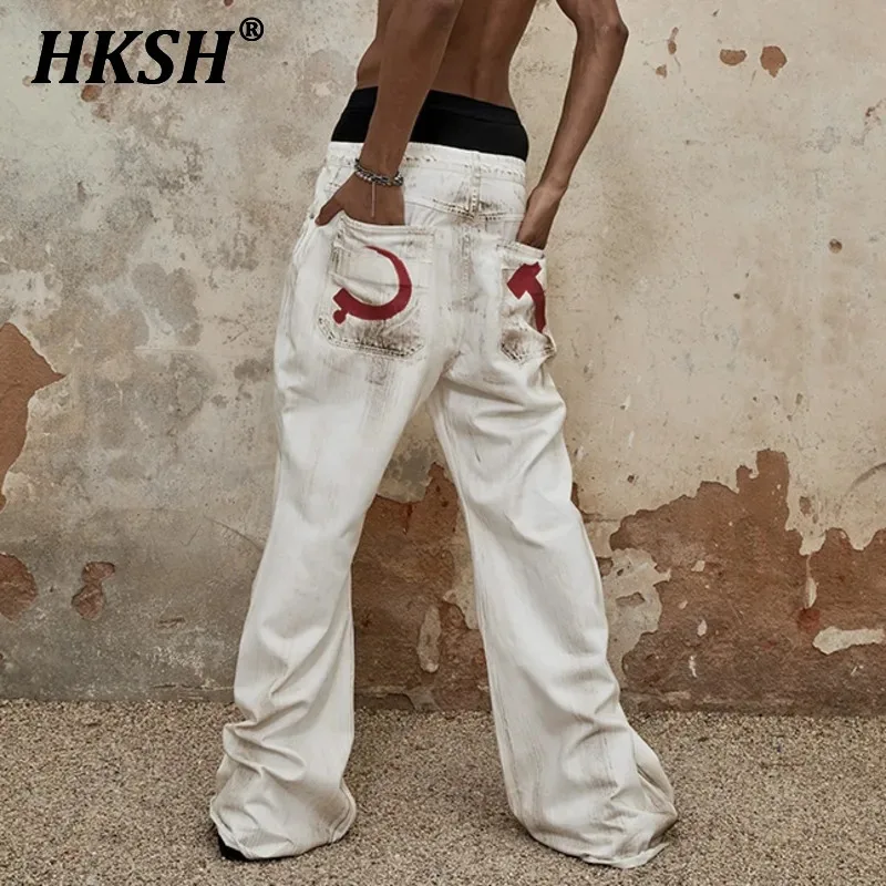 HKSH 2024 Spring Summer New Hand-painted Vintage Sickle Hammer Jeans Vintage Chic Loose Damaged Casual Flared Denim Pants HK2171