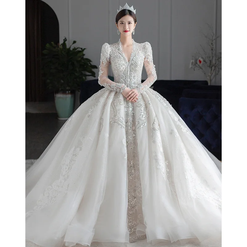 Precioso Vestido De Novia De manga larga para mujer, Vestido De Novia con apliques De lentejuelas y cuello en V, Vestido De Novia elegante