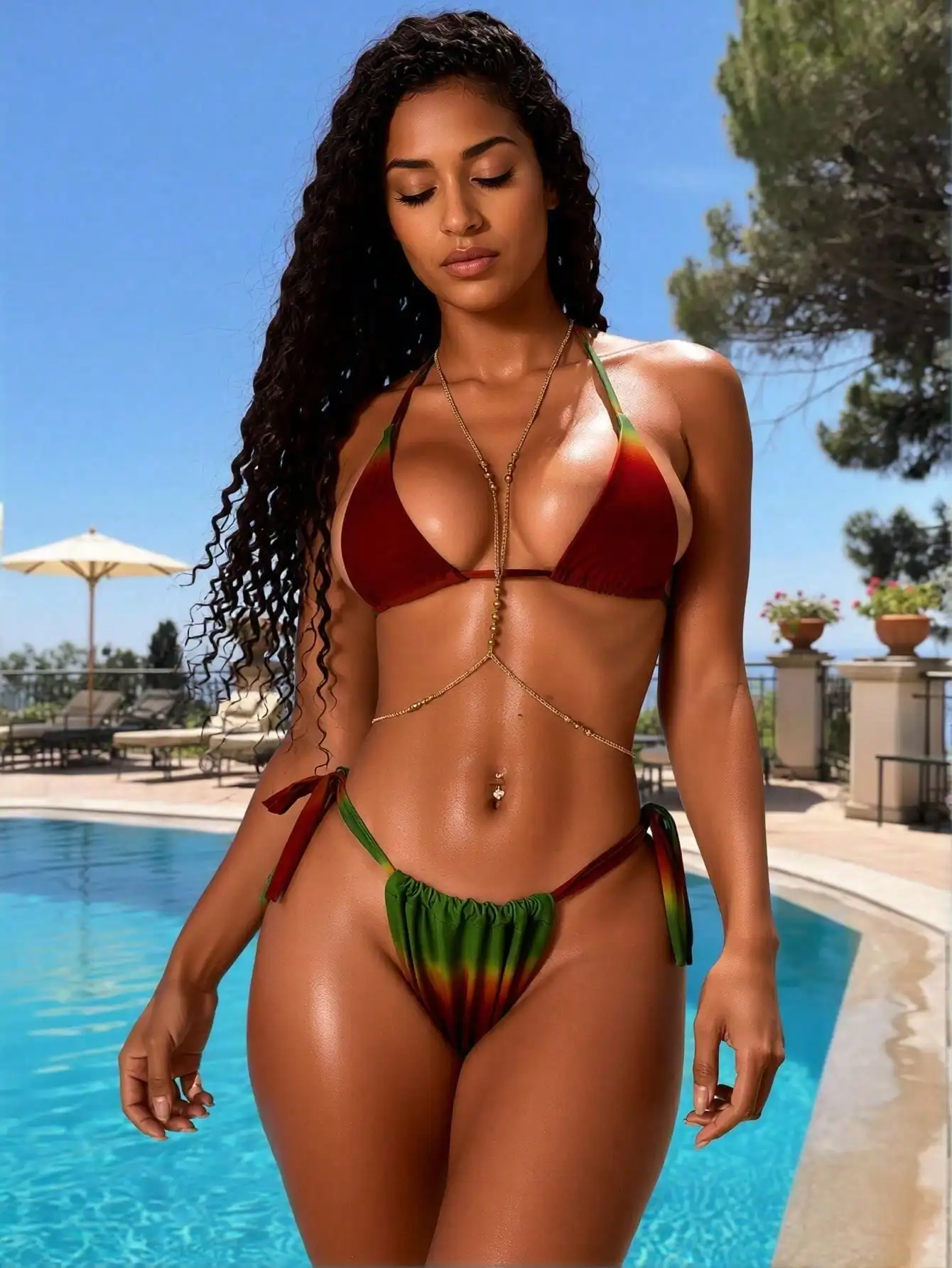 2026 New Ombre Red-Green Halter Bikini With Tie-Side Bottom & Backless Design